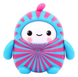 Blue and pink hypnotic spiral designer art toy figure with smiling face and optical illusion design.