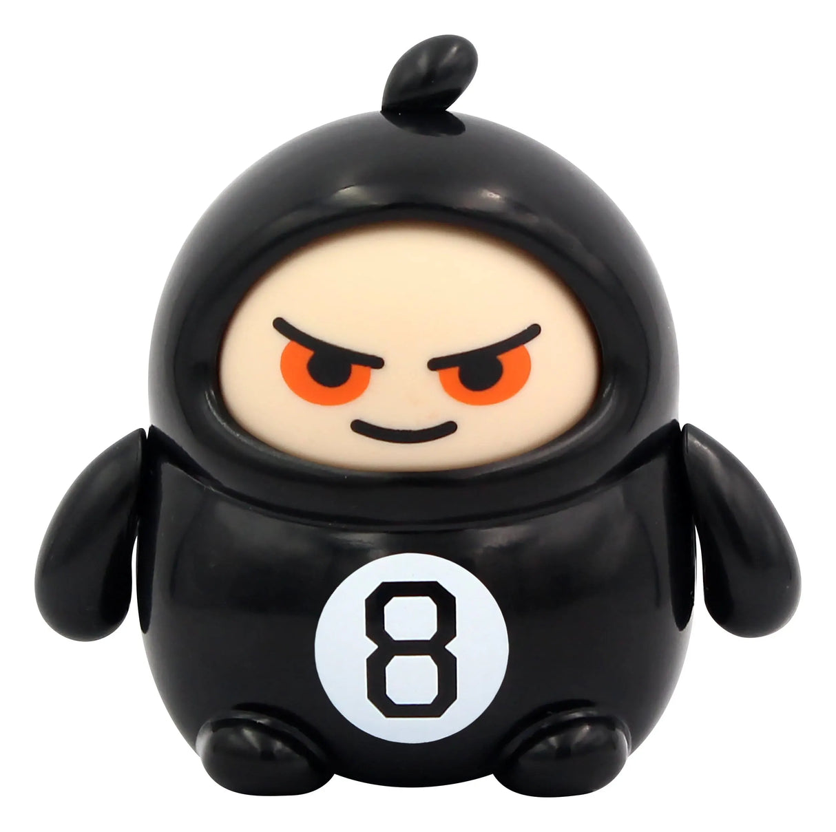 Black 8 Ball designer art toy figure with red eyes and mischievous expression.