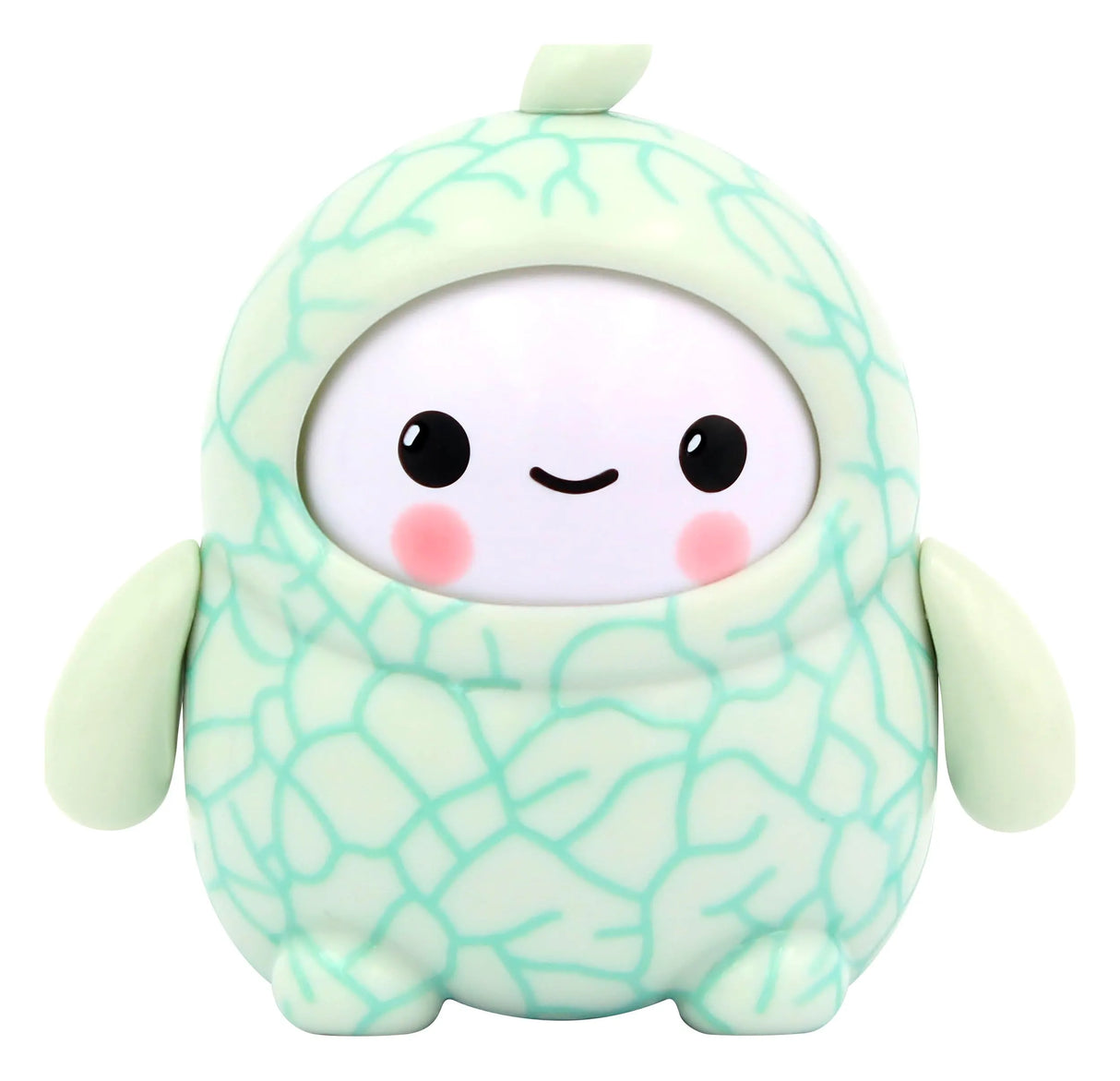 Pastel green melon pattern designer art toy figure with smiling face and fruit-inspired design.