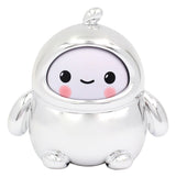 Silver chrome designer art toy figure with reflective metallic finish and smiling face.