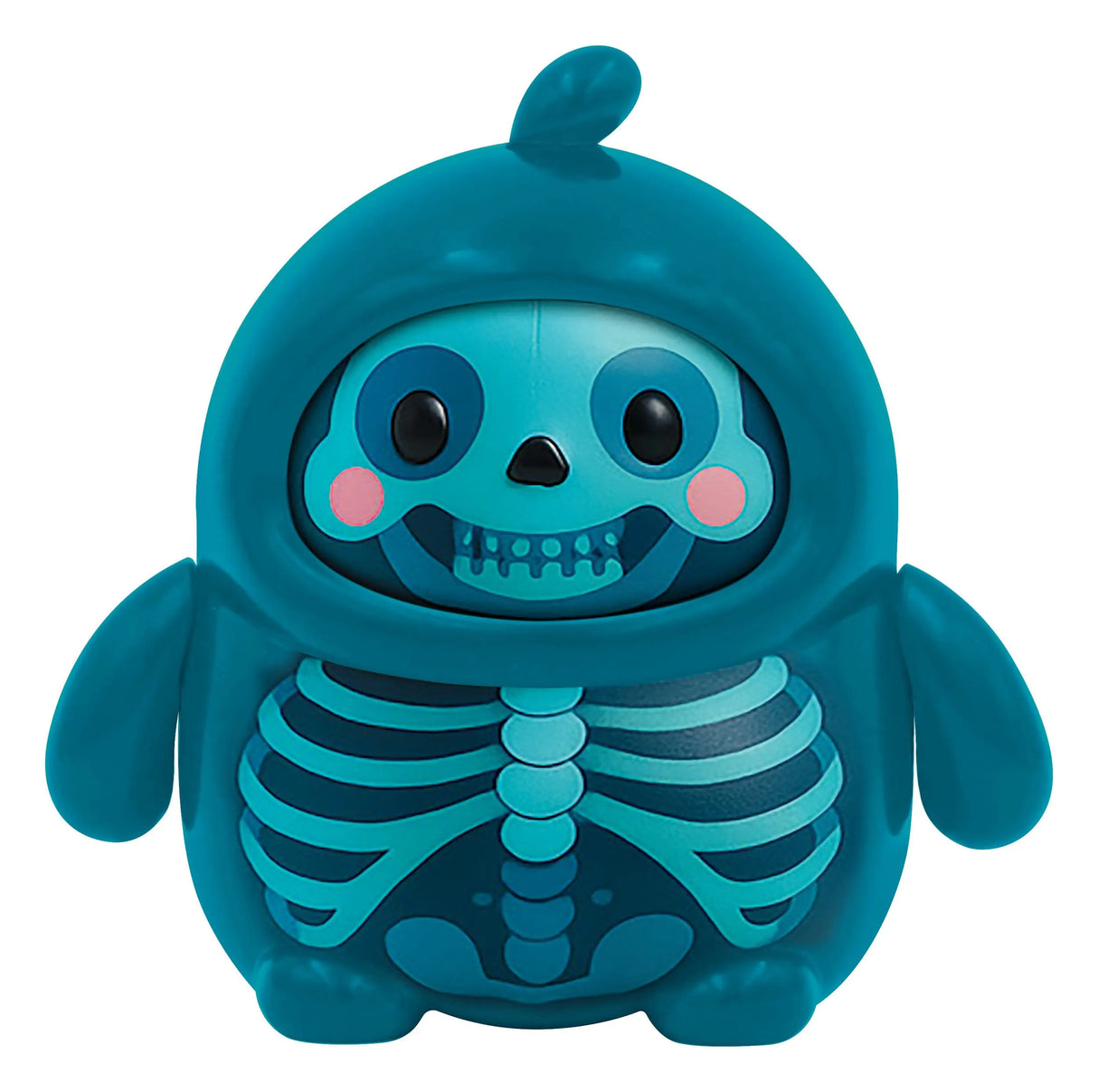 Blue skeleton designer art toy figure with translucent bones and cute smiling skull face.