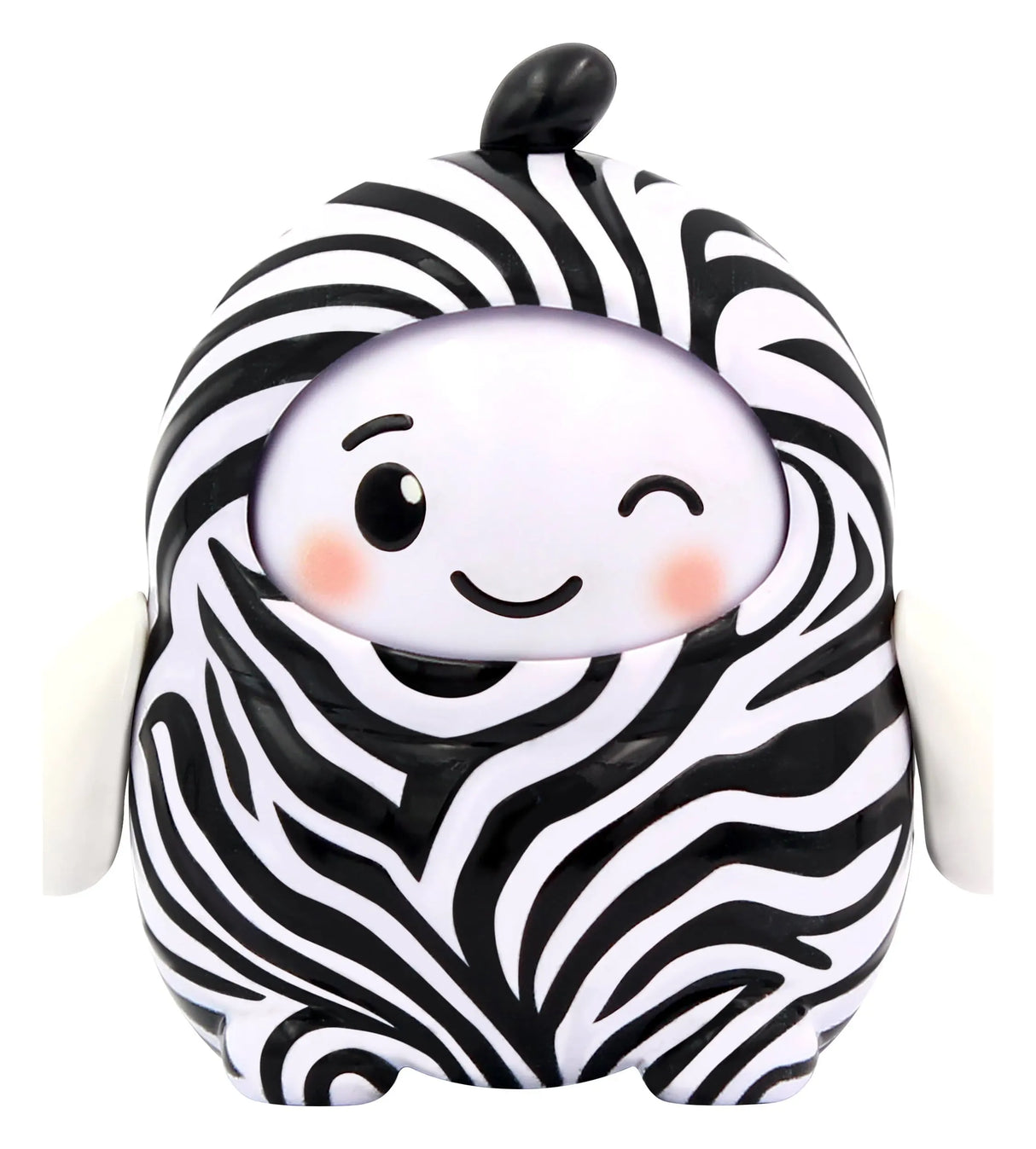 Black and white zebra pattern designer art toy figure with winking smiling face.