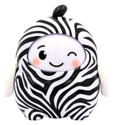 Black and white zebra pattern designer art toy figure with winking smiling face.