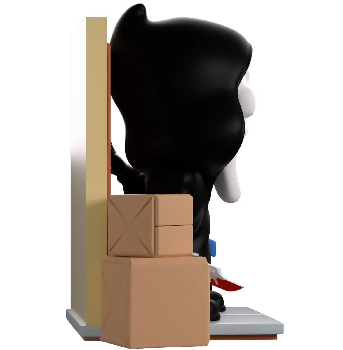 Rear side view of Ghost Face Youtooz collectible featuring stacked boxes and hidden knife detail