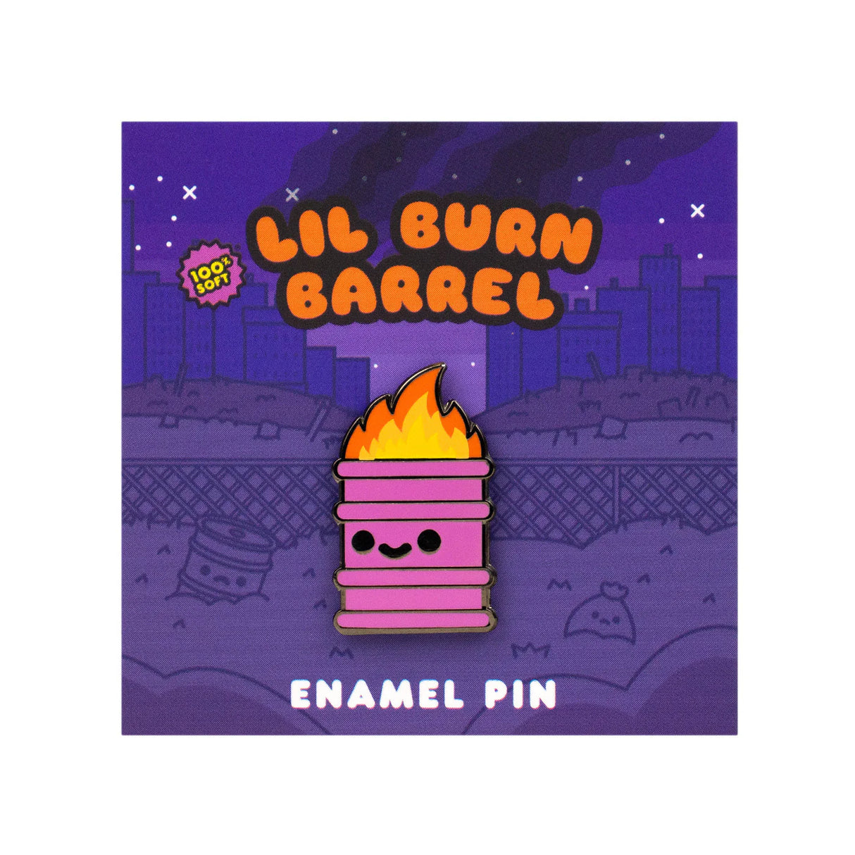 Lil Burn Barrel soft enamel pin featuring a pink burning barrel character on illustrated backing card