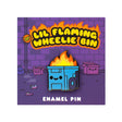 Lil Flaming Wheelie Bin Enamel Pin showing a cute blue wheelie bin on fire, soft enamel finish, on a 100% Soft backing card