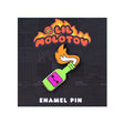 Lil Molotov Enamel Pin featuring a cute smiling molotov cocktail with flame, soft enamel finish, on a 100% Soft backing card