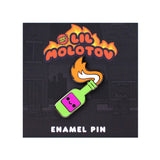 Lil Molotov Enamel Pin featuring a cute smiling molotov cocktail with flame, soft enamel finish, on a 100% Soft backing card