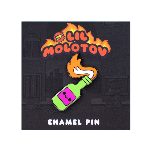 Lil Molotov Enamel Pin featuring a cute smiling molotov cocktail with flame, soft enamel finish, on a 100% Soft backing card