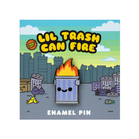 Lil Trash Can Enamel Pin featuring a smiling trash can on fire with soft enamel finish on a 100% Soft backing card