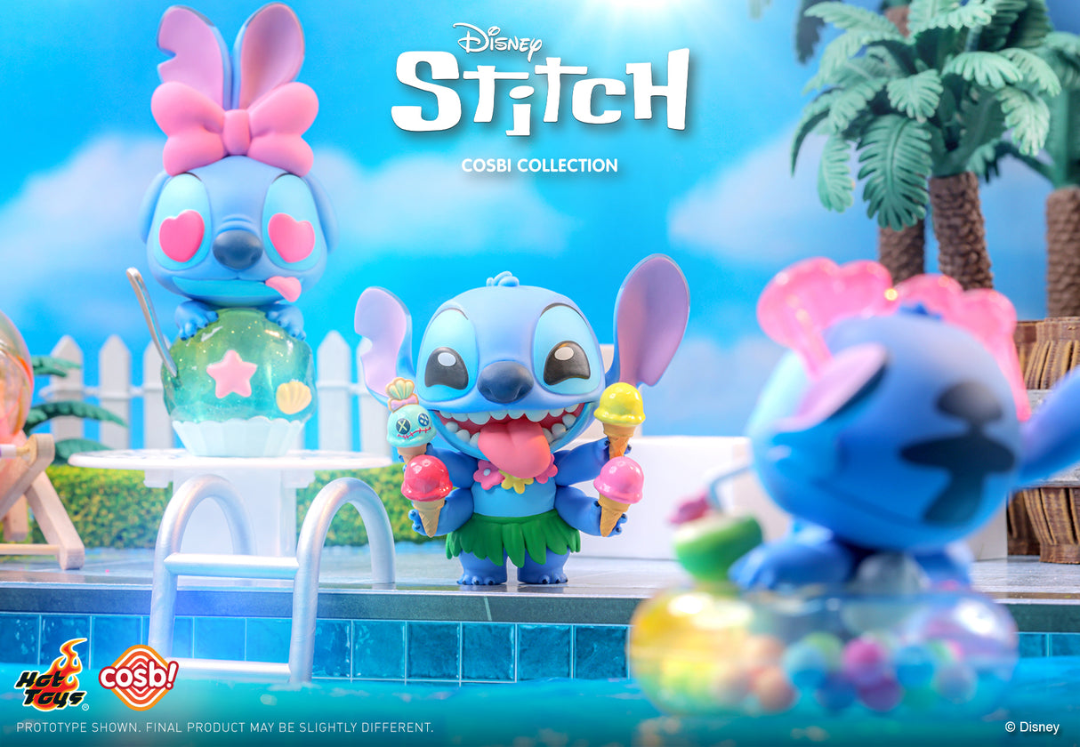 Multiple Stitch figures displayed from the Lilo & Stitch Cosbi Blind Box collection