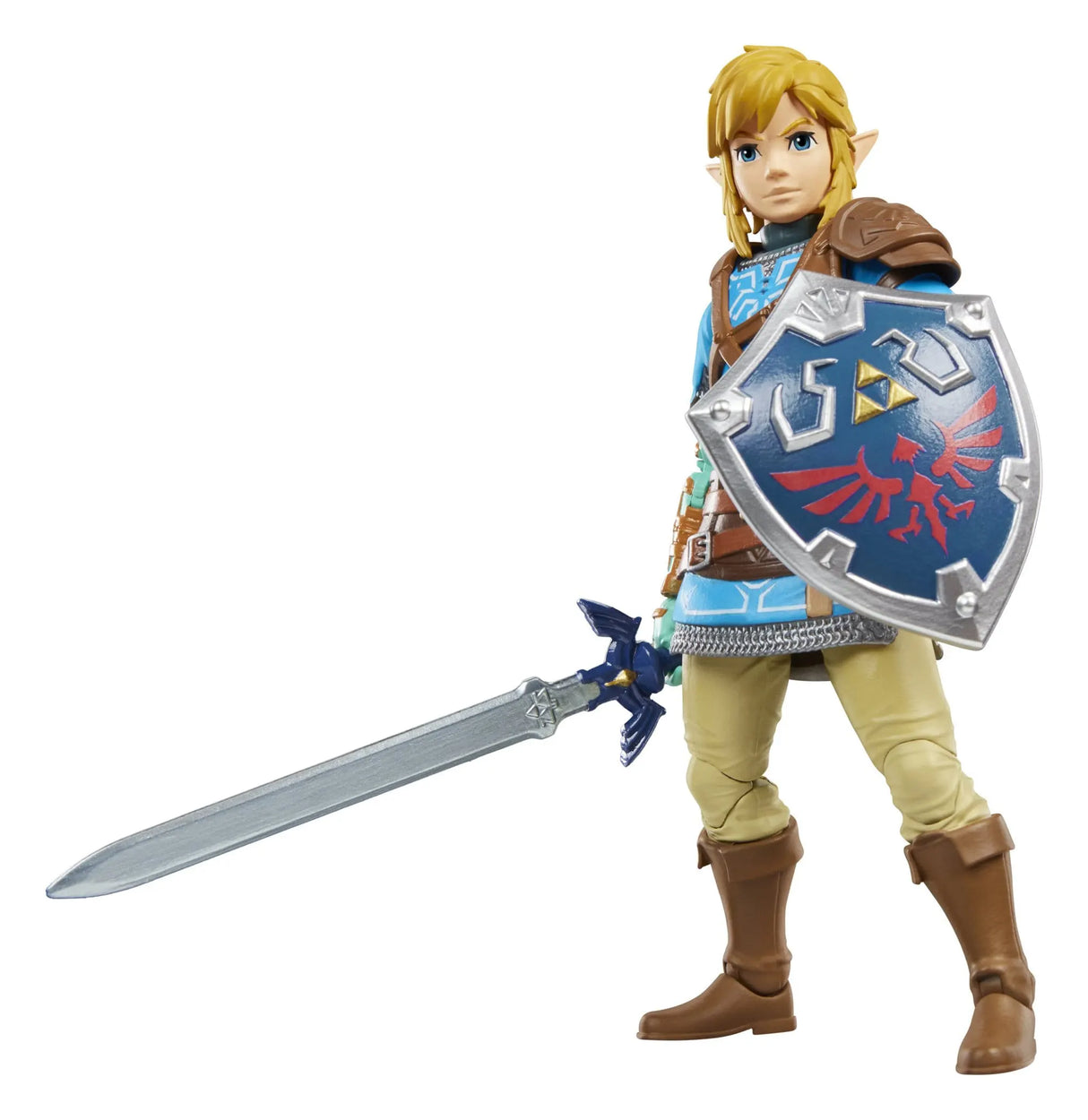 Link Action Figure from The Legend of Zelda: Tears of the Kingdom holding the Master Sword and Hylian Shield.