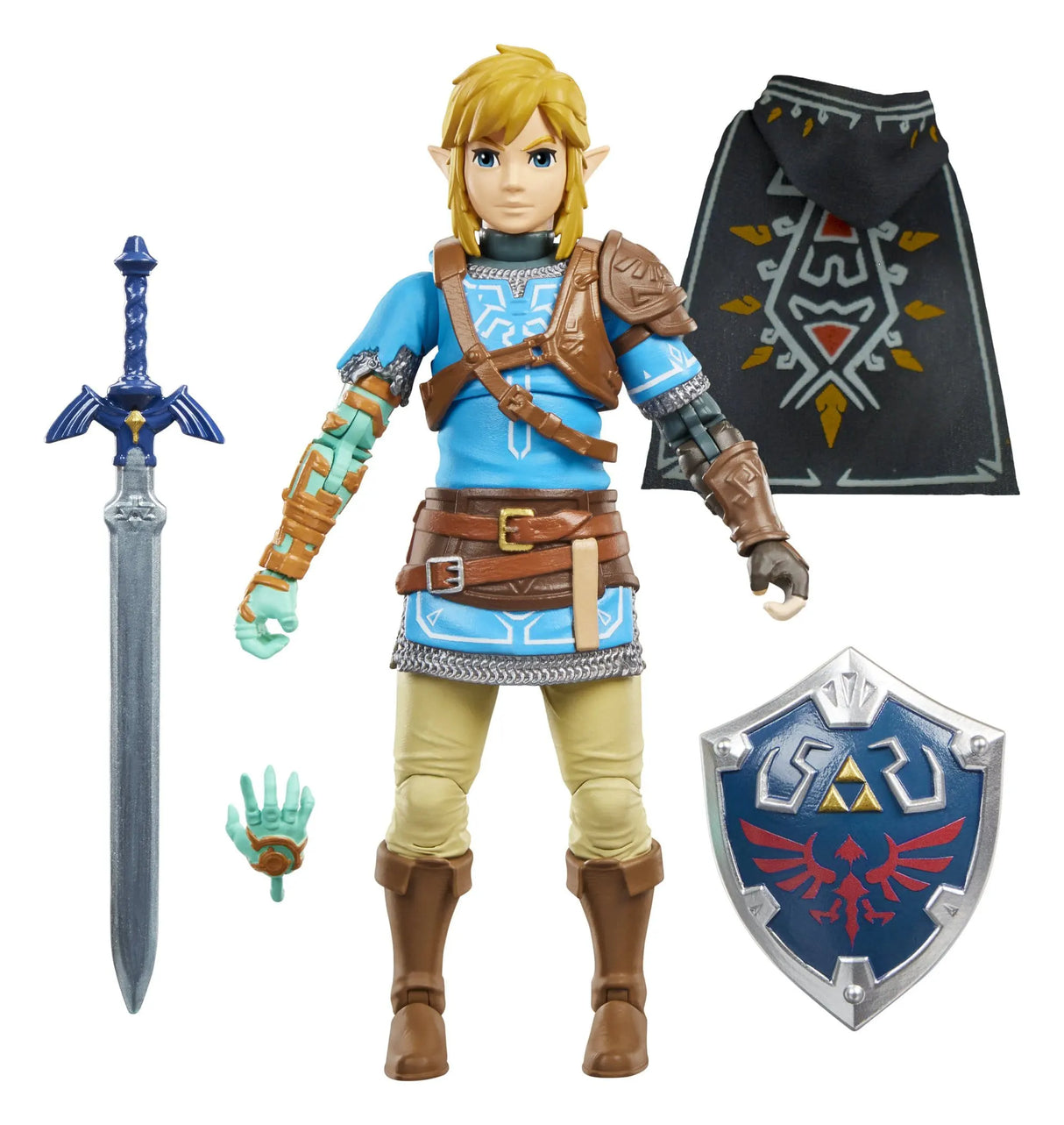 Link Heroes of Hyrule action figure with Master Sword, Hylian Shield, removable hood and interchangeable Zonai hand accessories.