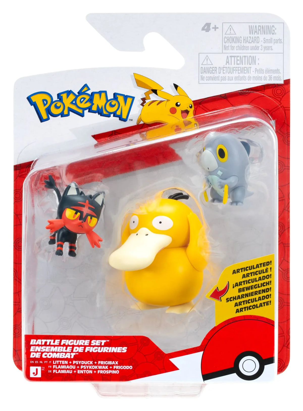 Litten, Psyduck and Frigibax Pokémon Battle Figure Pack in packaging