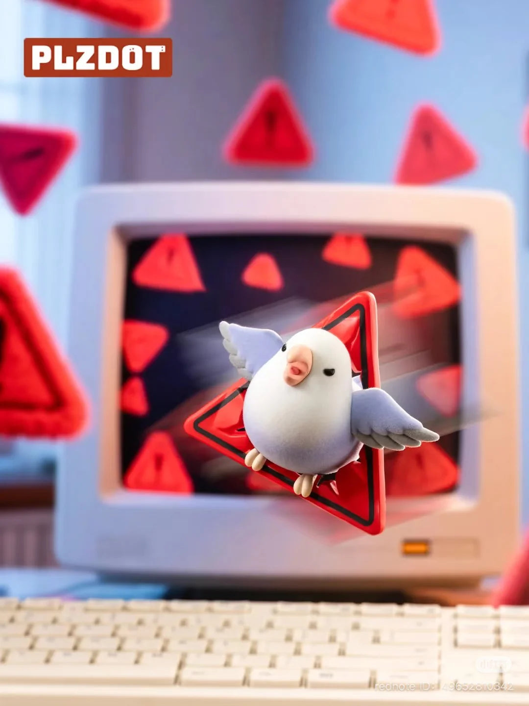 School Birdie from Lovebird Taroball blind box series flying through red warning signs on a computer screen.