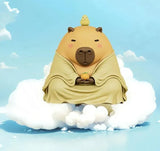 Meditation Capybara figure sitting peacefully on a cloud with a small bird companion