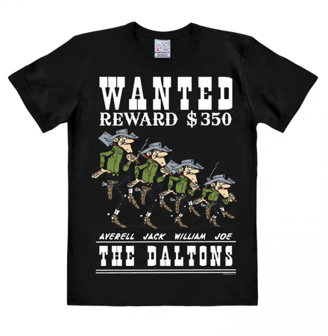 Black T-shirt featuring “Wanted Reward $350” design with the four Dalton brothers from Lucky Luke in cartoon style.