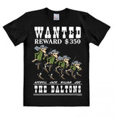 Black T-shirt featuring “Wanted Reward $350” design with the four Dalton brothers from Lucky Luke in cartoon style.