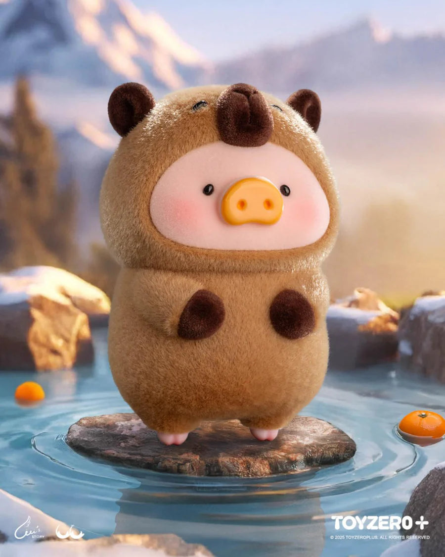 LuLu the Piggy dressed as a brown rhino with small horns from the Animal Party series.