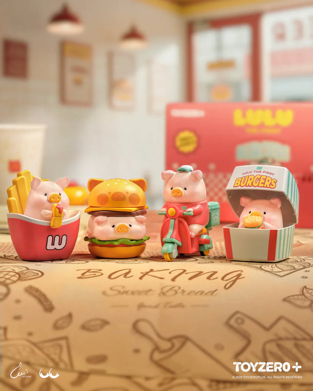 LuLu The Piggy Burger Express Series Blind Box collection featuring burger restaurant themed collectible figures