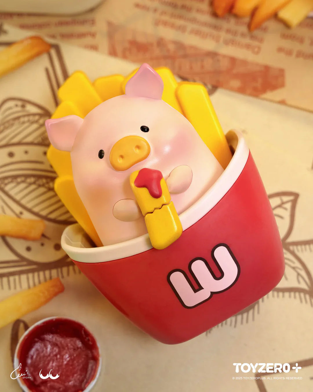 LuLu The Piggy dressed as french fries holding a ketchup-covered fry inside a fast-food container