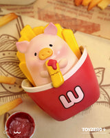 LuLu The Piggy dressed as french fries holding a ketchup-covered fry inside a fast-food container