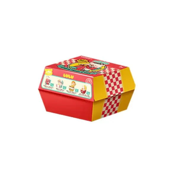 LuLu The Piggy Burger Express Series Blind Box collectible packaging with burger restaurant themed artwork