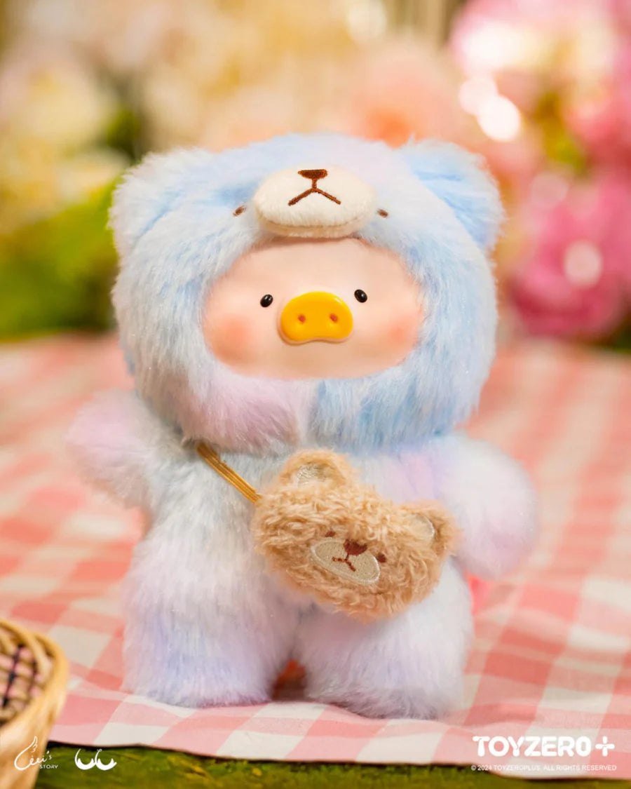 Purple teddy LuLu the Piggy plush keychain with frilly bow collar from Joyful Time Series