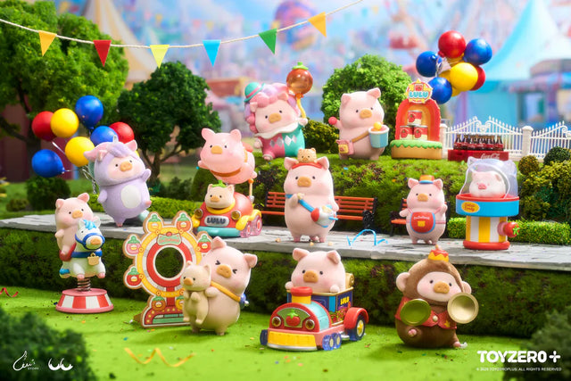 LuLu The Piggy Lululand Series Blind Box complete collection featuring carnival rides, games, snacks and amusement park themed figures