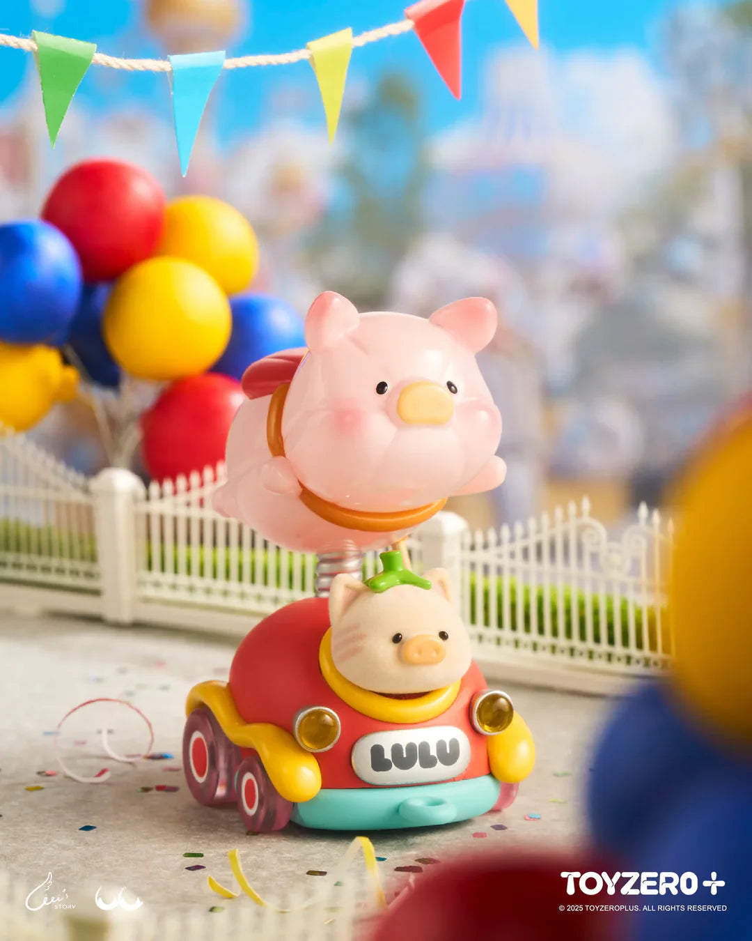 LuLu The Piggy riding a playful carnival bumper car attraction with a floating pig balloon