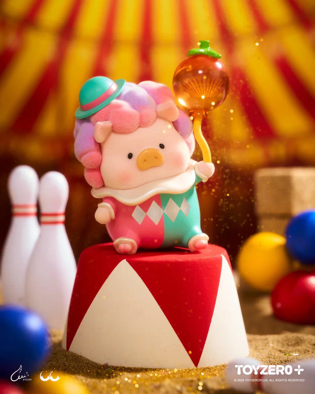 LuLu The Piggy dressed as a circus performer holding a glowing carnival lollipop on stage