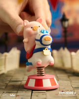 LuLu The Piggy riding a spring-mounted horse carousel toy at the amusement park