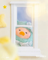 Mint green LuLu The Piggy Dreaming Wonderland plush peeking through a bedroom window at night