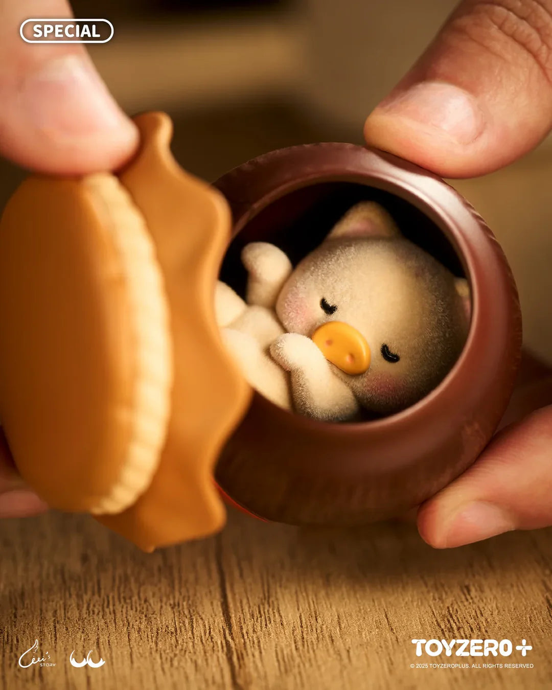LuLu the Piggy Secret sleeping figure hidden inside a ceramic wine jar.