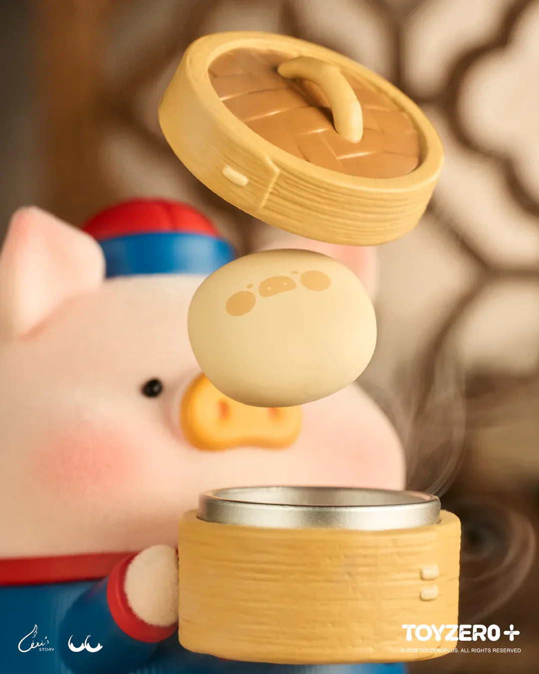LuLu the Piggy dim sum chef holding a bamboo steamer.