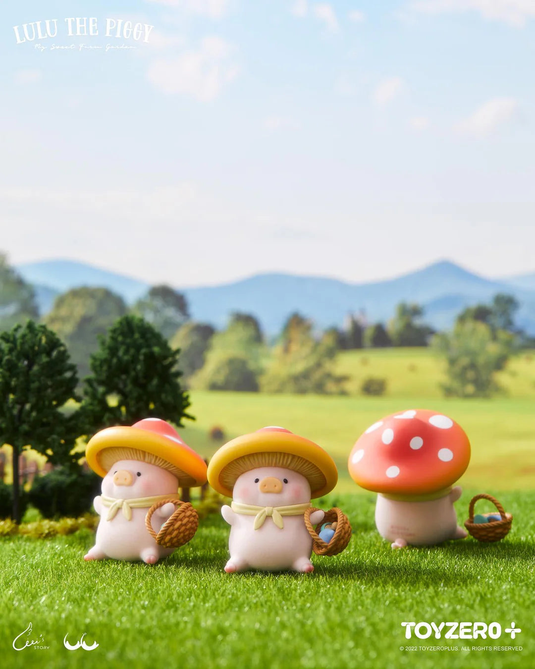 LuLu The Piggy dressed as a mushroom carrying a basket during a forest gathering adventure