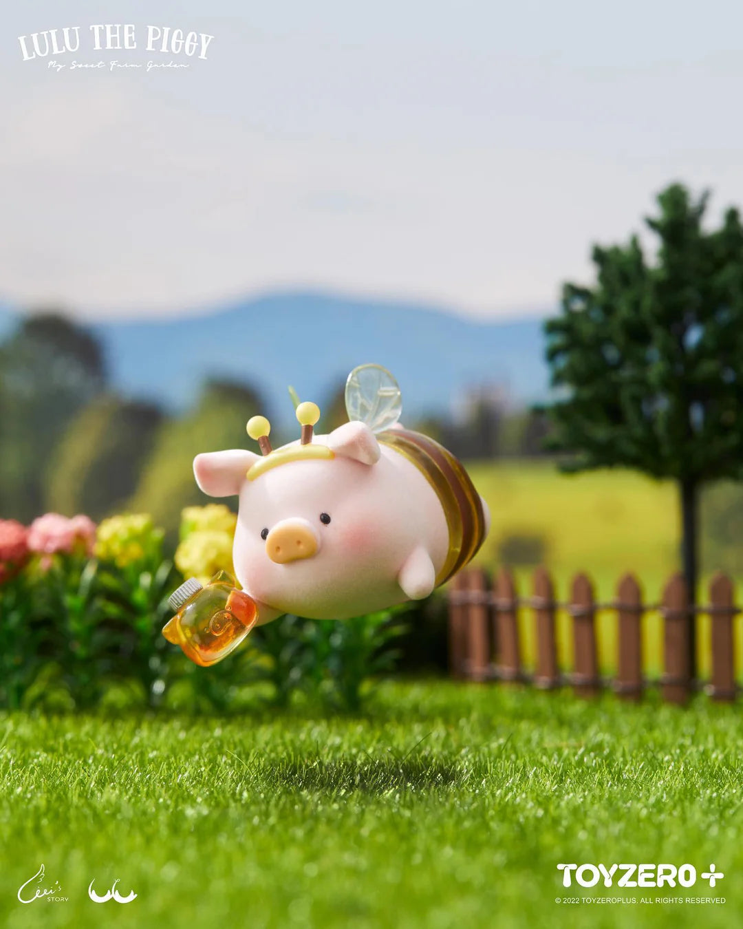 LuLu The Piggy dressed as a honey bee carrying a jar of honey while flying above a garden