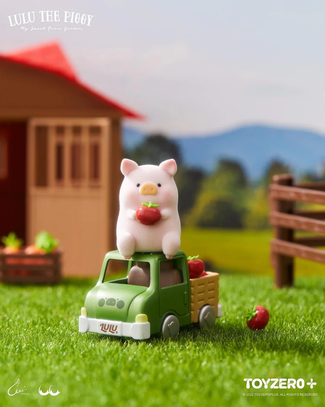 LuLu The Piggy riding a green farm truck loaded with freshly harvested strawberries