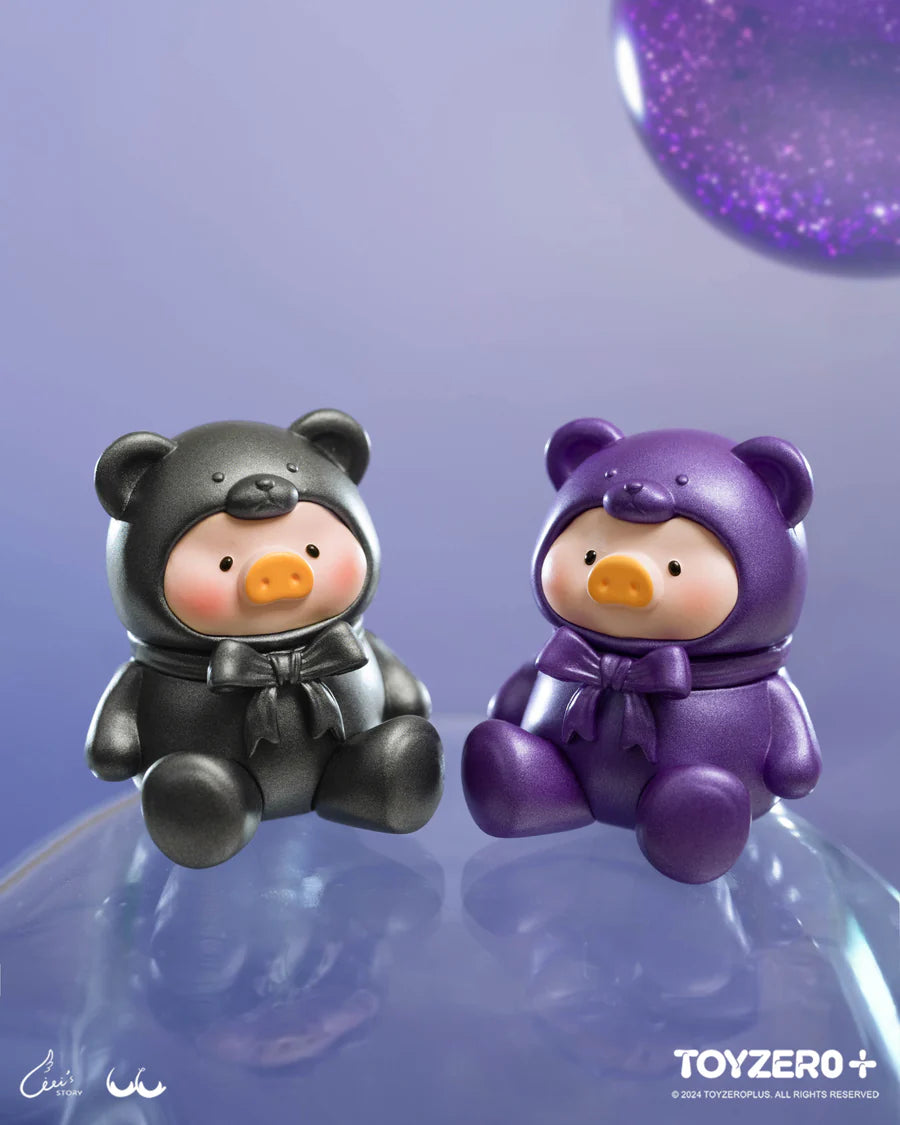 Black and purple metallic LuLu The Piggy teddy bear mini figures displayed on translucent purple spheres