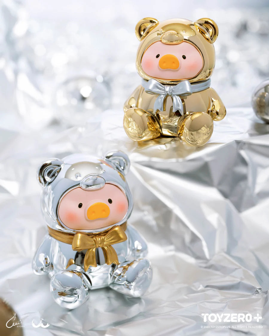 Gold and silver chrome LuLu The Piggy Teddy Mini figures with reflective metallic finishes