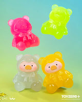 Transparent neon LuLu The Piggy Teddy Mini figures in bright pink, green, yellow, and clear finishes