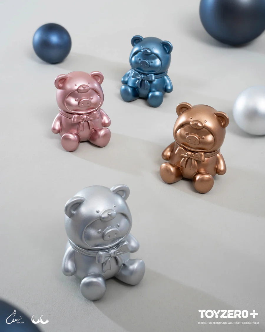 Metallic silver, rose gold, bronze, and blue LuLu The Piggy teddy bear mini collectible figures
