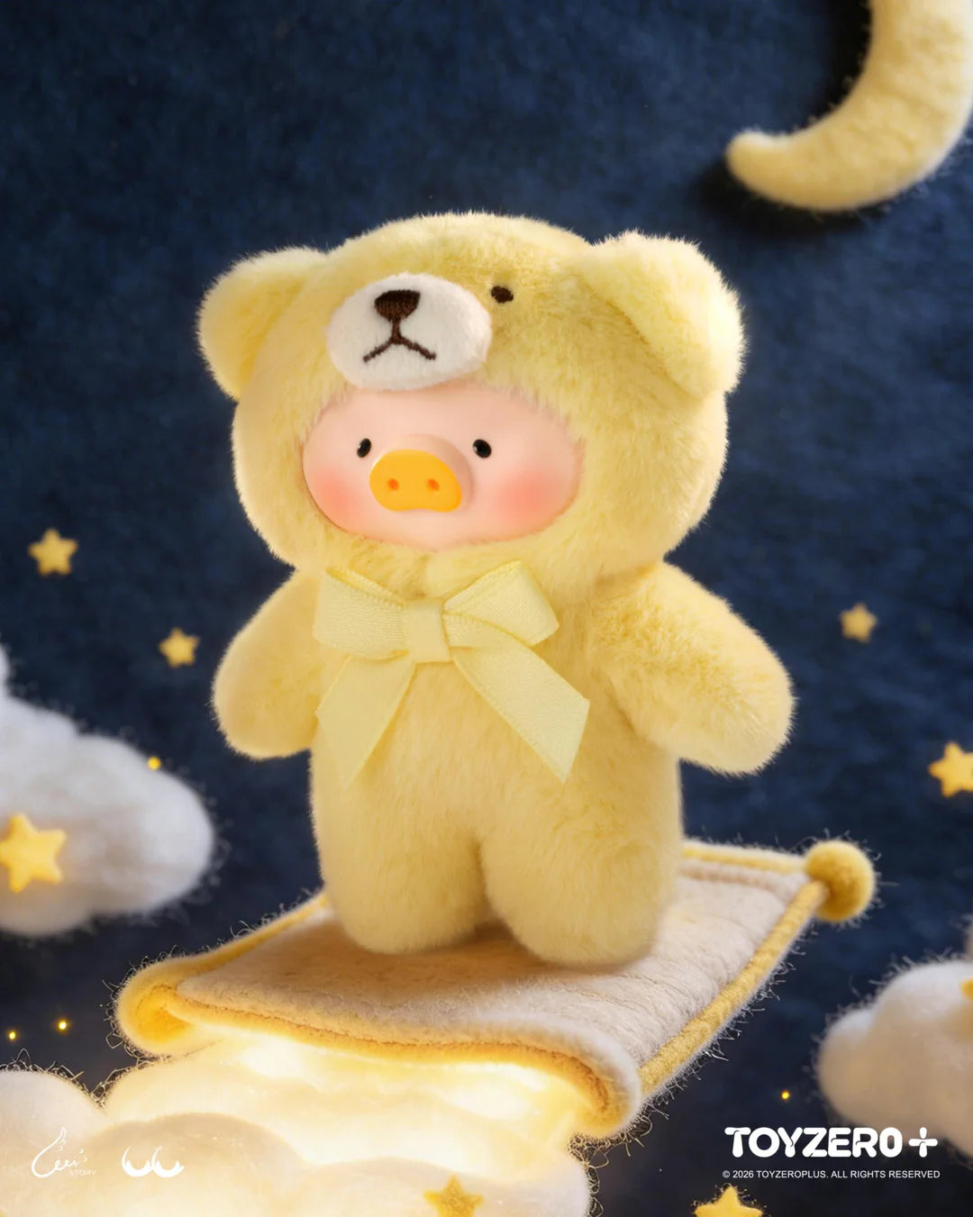 LuLu The Piggy in a yellow teddy bear costume standing on a glowing cloud beneath a starry night sky