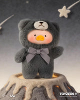 LuLu The Piggy in a dark grey teddy bear costume displayed on a mountain-inspired base