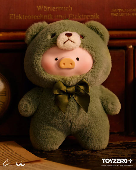 LuLu the Piggy Vintage Teddy Shop plush keychain in beige bear outfit with silver ribbon bow.