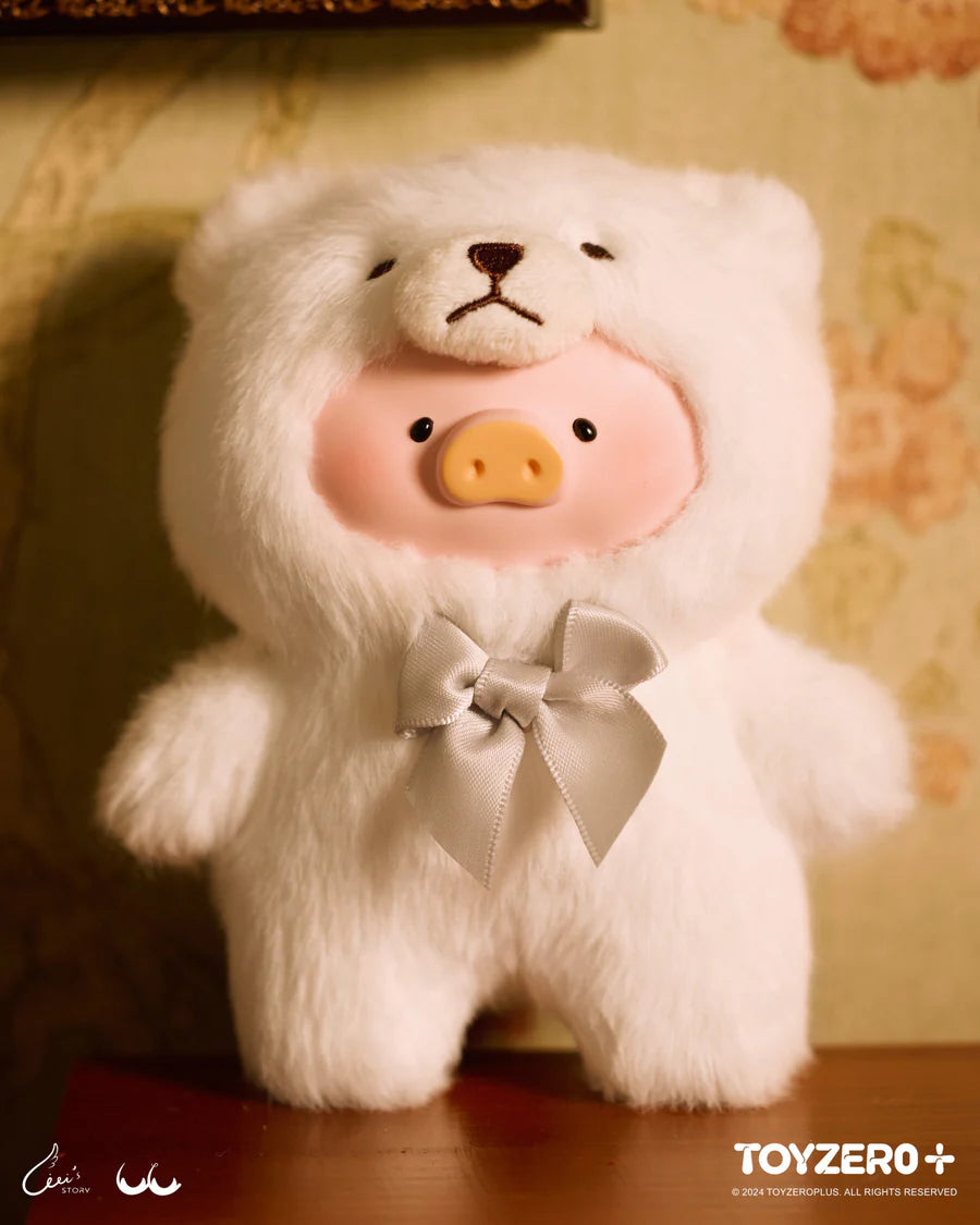 LuLu the Piggy Vintage Teddy Shop figure in soft beige teddy bear suit with white ribbon.