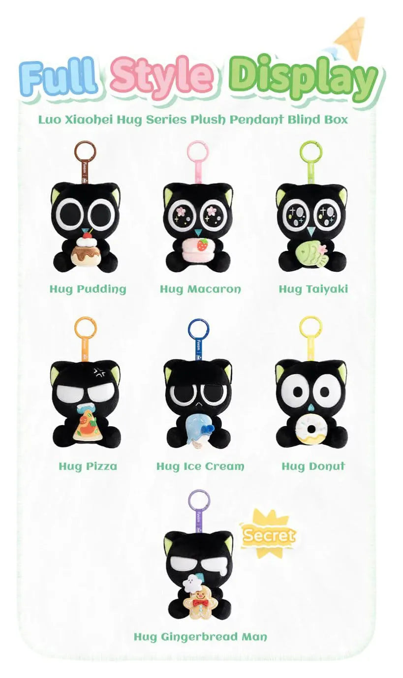 Luo Xiaohei Hug Plush Pendant Series display showing all plush pendant designs with matching keychain loops