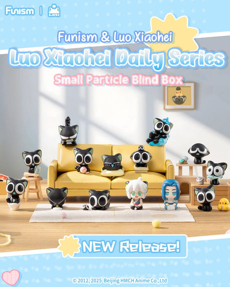 Luo Xiaohei Q Face Series Blind Box display with mini black cat figures