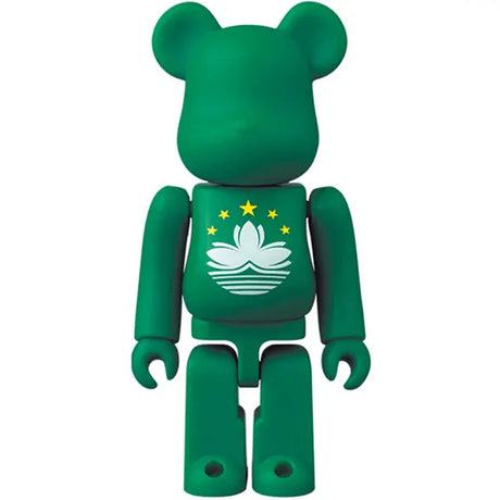 Medicom Toy BE@RBRICK Series 43 Macau flag 100 percent bearbrick figure with green body and lotus emblem on white background