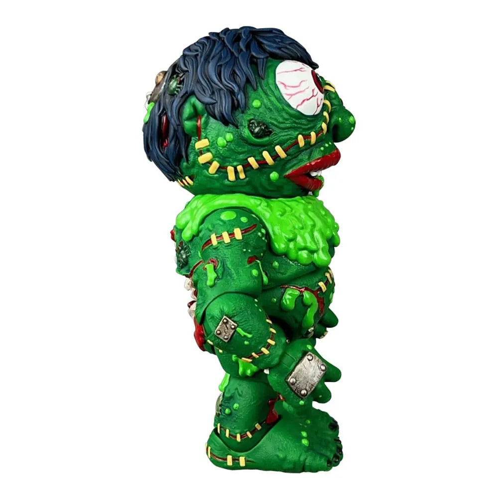 Rear view of Slobulus figure, exposing bones, green slime, and hair sculpted with a cleaver embedded in the skull.